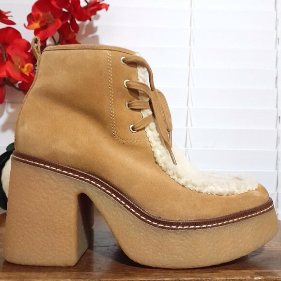 Sam Edelman Shaw Sandstone/Nature Mist Platform Lace Up  Boots Brown White 9M - Picture 1 of 8
